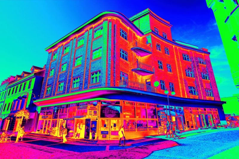 Thermografie eines mehrstöckigen Stadthauses an einer Straßenecke, die rote Farbe deutet auf schlecht gedämmte Fassaden hin.