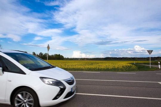 Ein weißes Auto fährt auf der Landstraße an einem Rapsfeld vorbei.