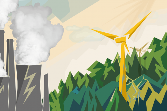 Grafik: Links ein Wärmekraftwerk mit rauchenden Schornsteinen und dampfenden Kühltürmen, rechts ein Nadelwald und ein großes Windrad.