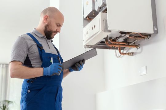 Neben einer geöffneten Gastherme steht ein Monteur und schaut stirnrunzelnd in seine Unterlagen auf einem Klemmbrett.