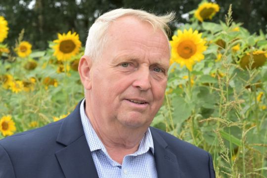 Porträtaufnahme von Till Backhaus vor einem Sonnenblumenfeld.