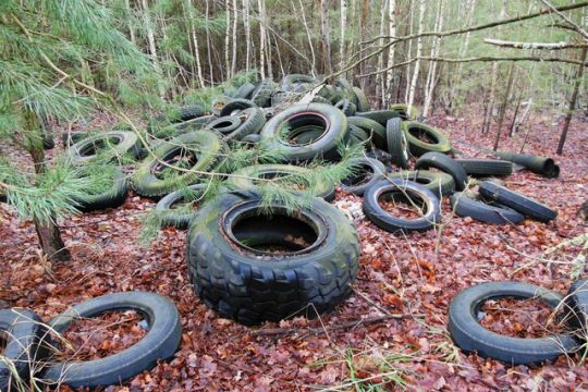 Ein Haufen Altreifen liegt im Wald.