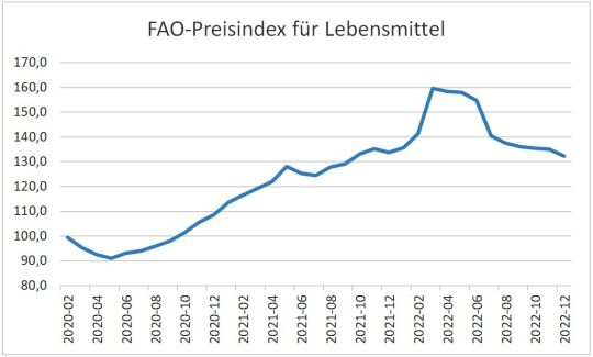 Kurvendiagramm: Von Frühjahr 2020 bis März 2022 stieg der Food Price Index kontinuierlich von 90 auf 160 Punkte, dann sank er wieder etwas ab.