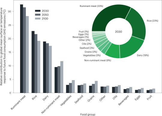 Ein Säulendiagramm, dass den relativen Anteil verschiedener Lebensmittelkategorien an der Erderwärmung durch die Nahrungskonsum für 2030, 2050 und 2100 darstellt. Fleisch von Wiederkäuern steht an erster Stelle. Dann kommt Reis, dann Milchprodukte, Fleisc