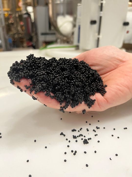 Eine Hand hält einen Haufen des neuen Dämmstoffs, es sieht wie schwarzer Kaviar aus.