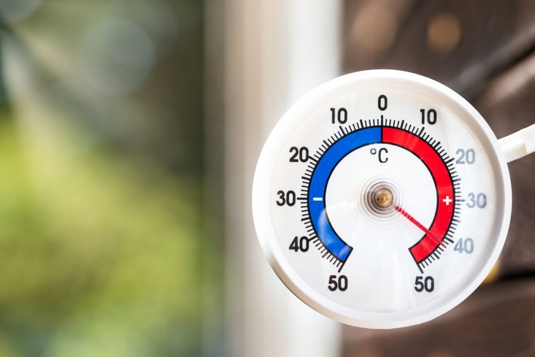 Ein rundes Außenthermometer zeigt 42 Grad an.