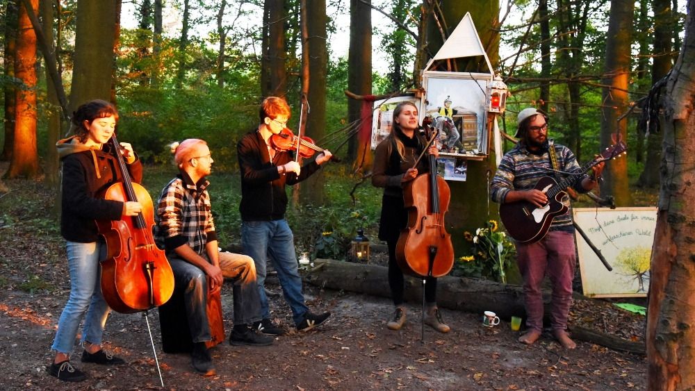 Eine Gruppe junger Leute steht im Halbkreis an einem Waldbaum und musiziert auf Streichinstrumenten und Gitarre.