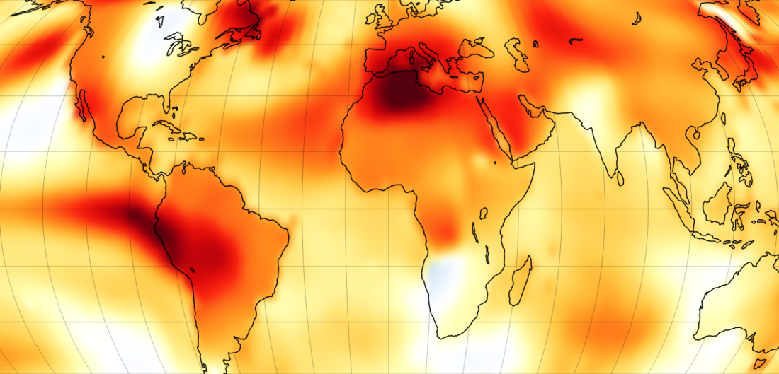 Die Weltkarte zeigt, dass im Juli 2023 besonders Regionen in Nordafrika, dem nördlichen Nordamerika und dem westlichen Südamerika, aber auch in Kalifornien und Japan deutlich heißer als üblich waren.
