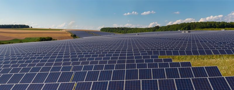 Großer Freiflächen-Solarpark mit 20 Megawatt Nennleistung in hügeliger Landschaft mit Feldern und Wald in Unterfranken.