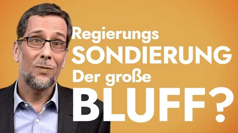 Aufmacherbild: Volker Quaschning im Anzug vor orangefarbenem Hintergrund, darauf der Titel: Regierungs-Sondierung – der große Bluff?