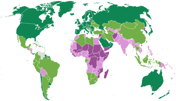 In einer Weltkarte sind die Länder nach dem Einkommen in vier Gruppen eingeteilt, wobei einige Schwellenländer reicher sind als einige europäische Länder.