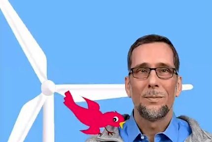 Volker Quaschning vor einem stilisierten Windrad, auf seiner Schulter sitzt ein gezeichneter roter Vogel.