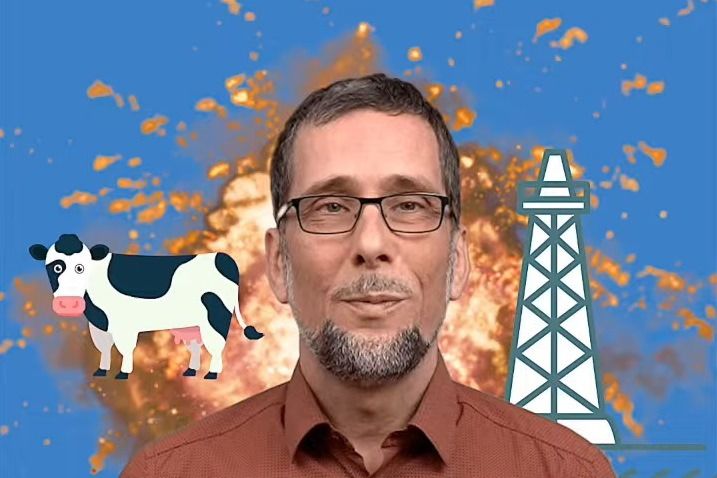 Aufmacherbild: Volker Quaschning im braunen Hemd vor blauem Hintergrund, hinter ihm Zeichnungen einer Kuh und eines Gasbohrturms.