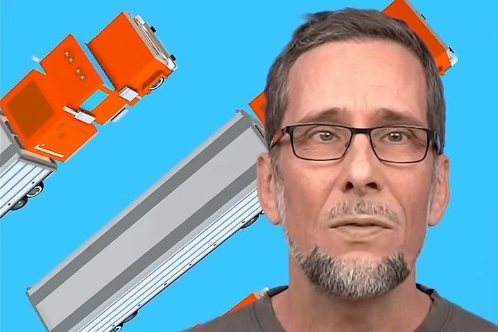 Aufmacherbild: Volker Quaschning im braunen T-Shirt vor hellblauem Hintergrund, hinter ihm fahren stilisierte Lastzüge durchs Bild, die von schräg oben zu sehen sind.