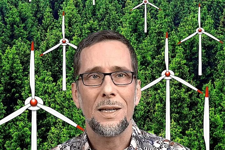 Aufmacherbild: Volker Quaschning im bunten Hemd, Hintergrund ist ein Nadelwald, in dem stilisierte Windräder stehen.