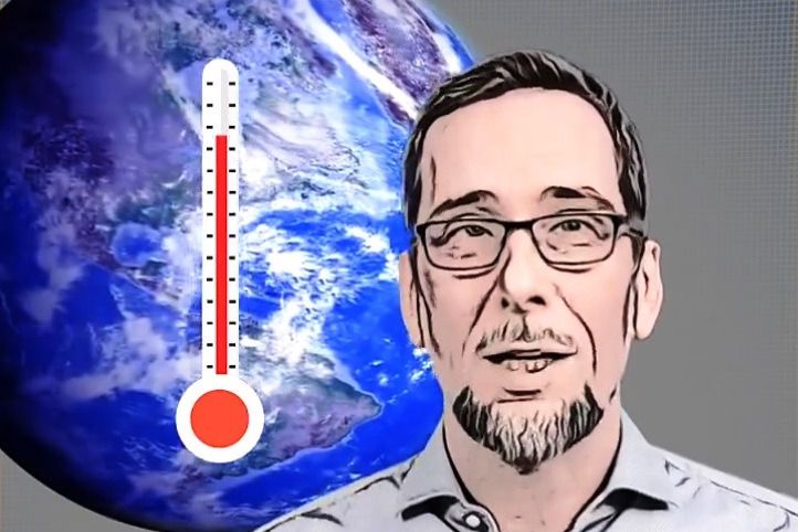 Aufmacherbild: Volker Quaschning in Porträtdarstellung als gezeichnete Figur, hinter ihm eine Erdkugel und ein Thermometer.