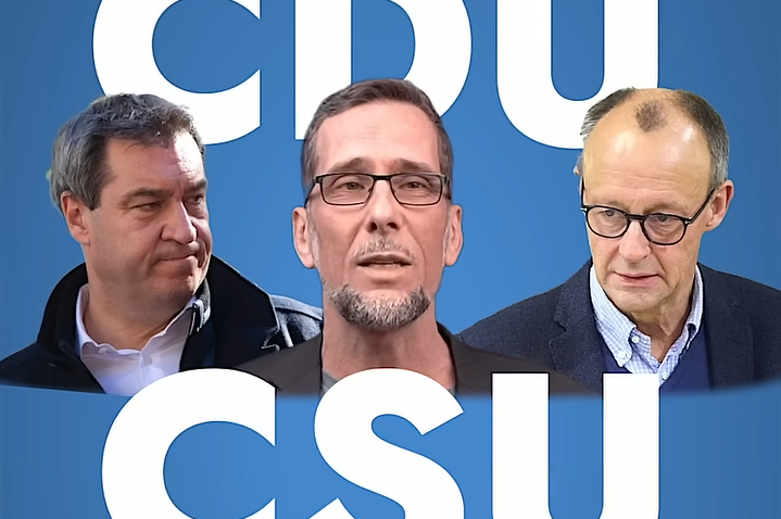 Aufmacherbild: Markus Söder, Volker Quaschning und Friedrich Merz vor blauem Hintergrund mit den weißen Buchstaben CDU und CSU.