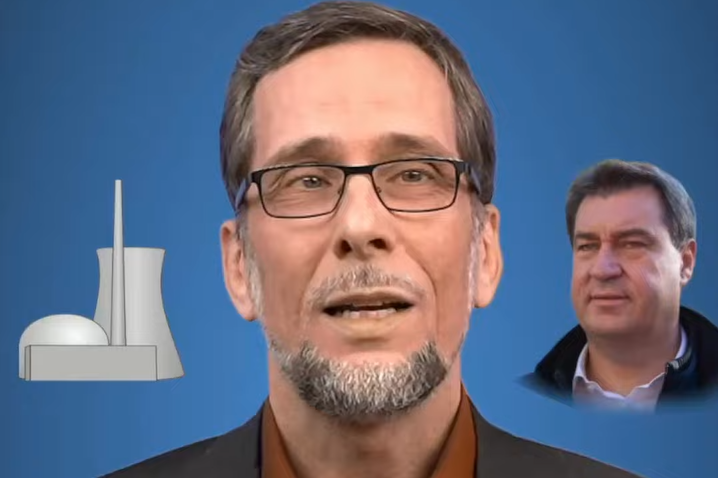 Aufmacherbild: Volker Quaschning im dunklen Hemd spricht in die Kamera, neben ihm ein Atomkraftwerk und ein kleines Porträtfoto von Markus Söder.