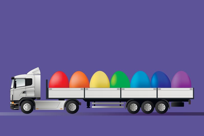 Grafische Darstellung: Ein mit riesigen bunten Eiern beladener Truck fährt vorbei.