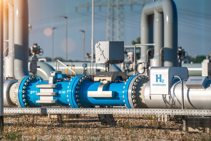 Große Pipeline in Grau und Blau mit verschiedenen technischen Einrichtungen und der Aufschrift: H2 - Hydrogen. Im Hintergrund eine Starkstromleitung.
