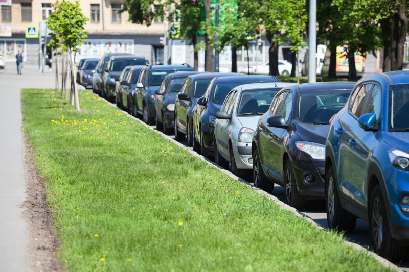 Autos stehen am Straßenrand, daneben ein schmaler Grünstreifen mit kurzem Rasen und einigen Bäumchen.